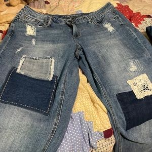 Lane Bryant Jeans Women Size 16 Capri Medium Wash Distressed Patched Blue Denim